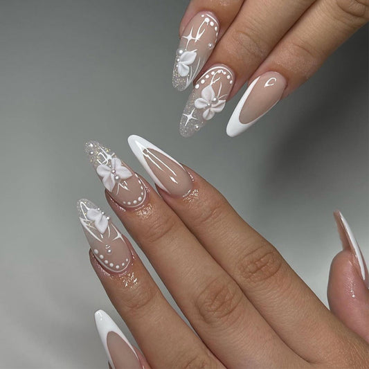 3D BOWKNOT | WHITE | FRENCH | PRESS ON NAILS | 24NAILS-TAGLESSNAILS