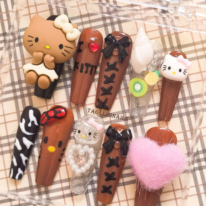 Dark Kitty | Brown | Summer Holiday | Shibuya Chic | Press-On Nails-TAGLESSNAILS