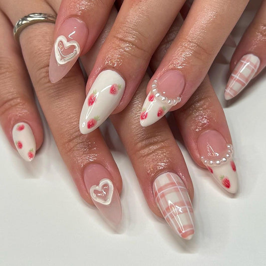 GENTLE STRAWBERRY | PINK WHITE | SWEET FRENCH | ALMOND | 24NAILS-TAGLESSNAILS