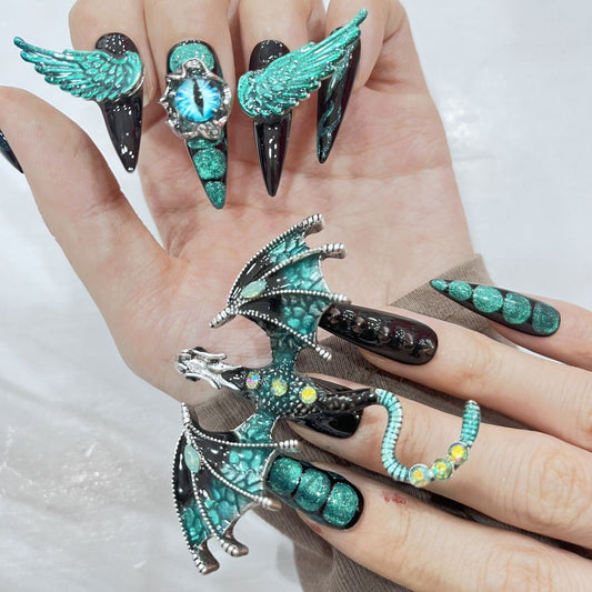 Gothic Dragon | Green | Hand-Painted | Detachable | Press-On Nails