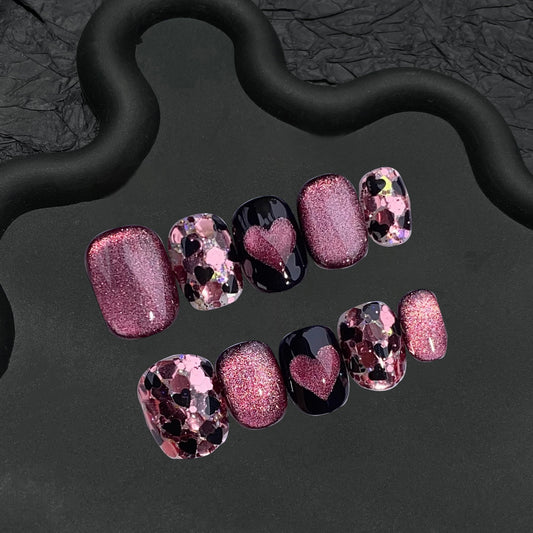 Heartbeat Moment | Pink & Black | Press On Nails