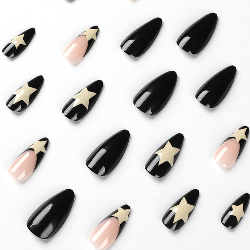 MID-LENGTH BLACK FRENCH STAR NAILS-TAGLESSNAILS