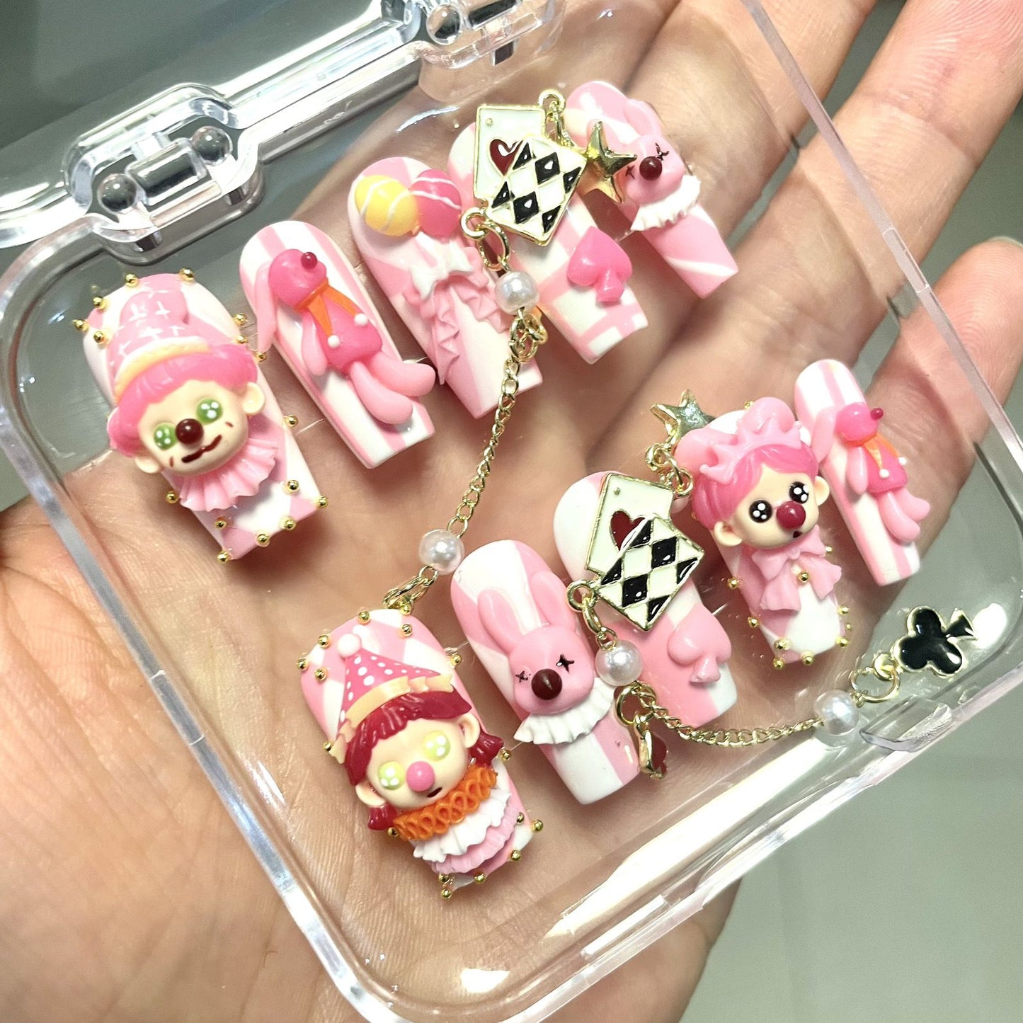 Pink 3D Clown | Pink & White | Sweet Cool Girl | Argyle Lines | Press-On Nails-TAGLESSNAILS