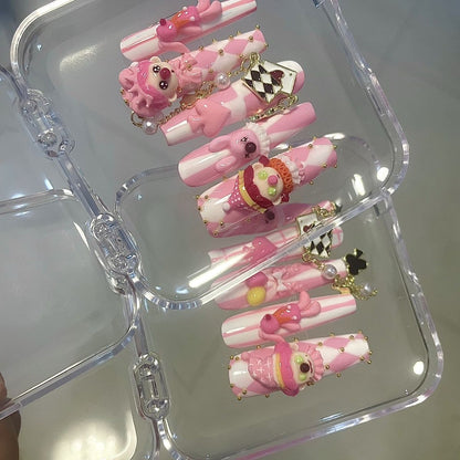 Pink 3D Clown | Pink & White | Sweet Cool Girl | Argyle Lines | Press-On Nails-TAGLESSNAILS