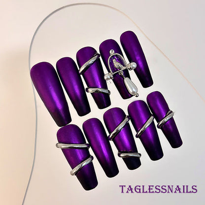 Purple Gradient Metal Bird | Purple | Black 3D Lines | Press-On Nails