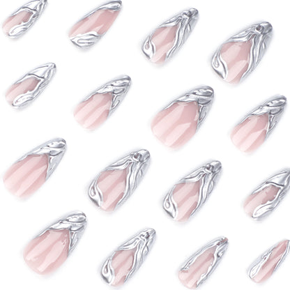 SIMPLE FRENCH 3D SILVER ALMOND 24NAILS-TAGLESSNAILS