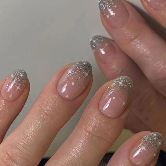 SWEET COOL SILVER GLITTER FRENCH STAR 24NAILS-TAGLESSNAILS