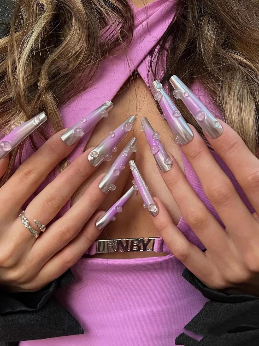 Water Droplets | Hip Hop Babe | Extra Long Nails | Metallic Peach | Press-On Nails-TAGLESSNAILS