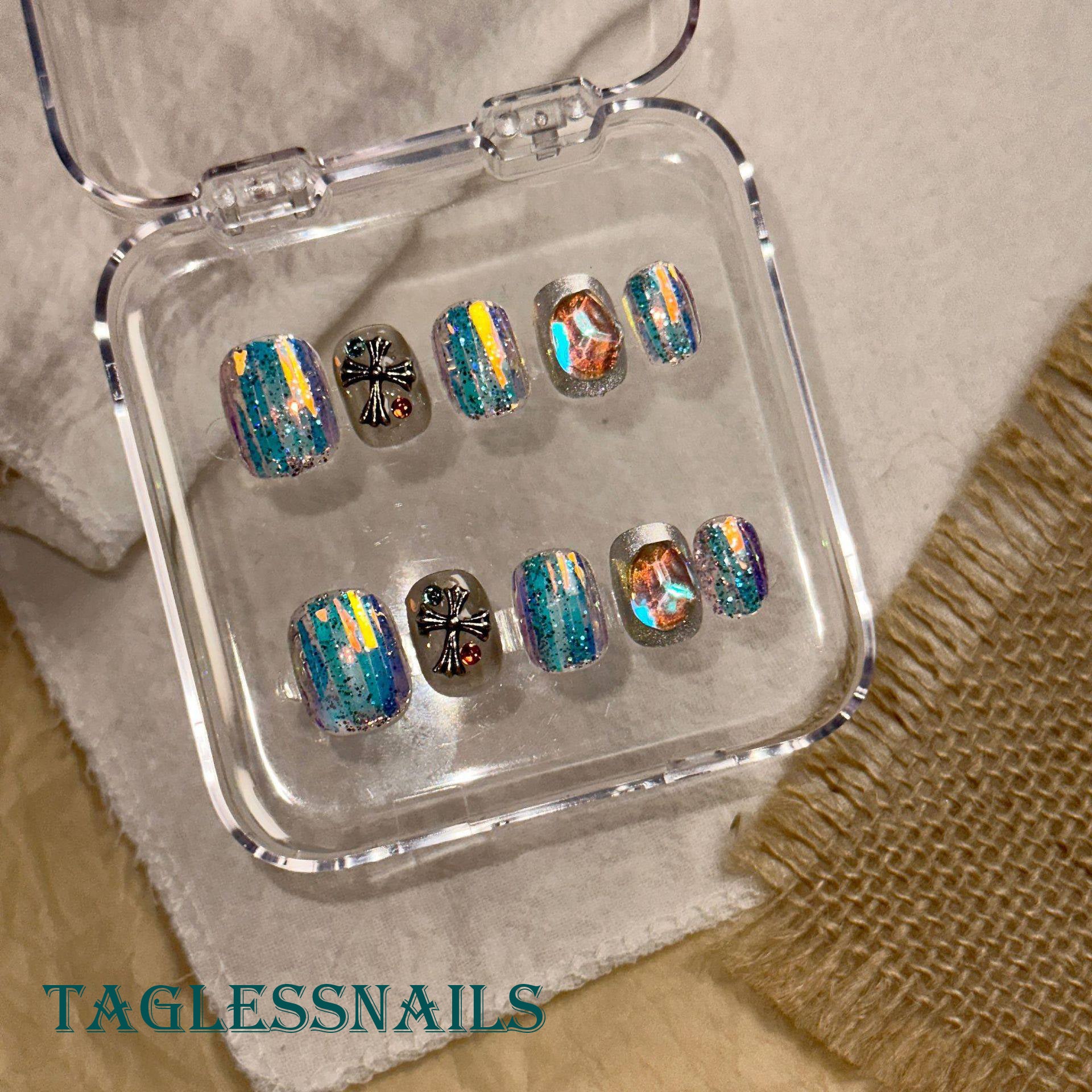Aurora Glass Paper - Sweet Cool Short Embossed Cross Handmade Press-On Nails TAGLESSNAILS