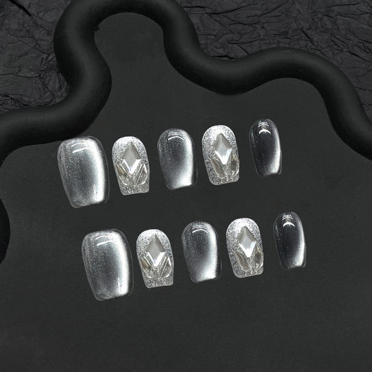 Galaxy Cat Eye Rhinestone | Silver | Press On Nails