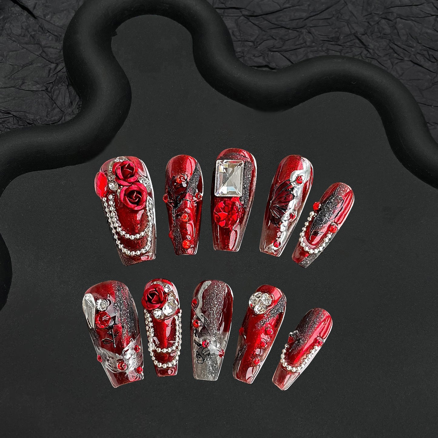 Ghost Bride | Black & Red | Press On Nails