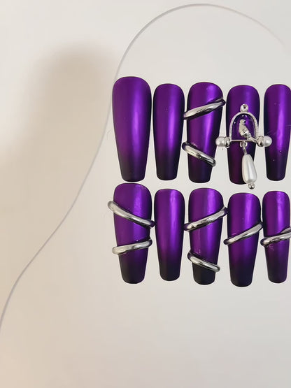 Purple Gradient Metal Bird | Purple | Black 3D Lines | Press-On Nails
